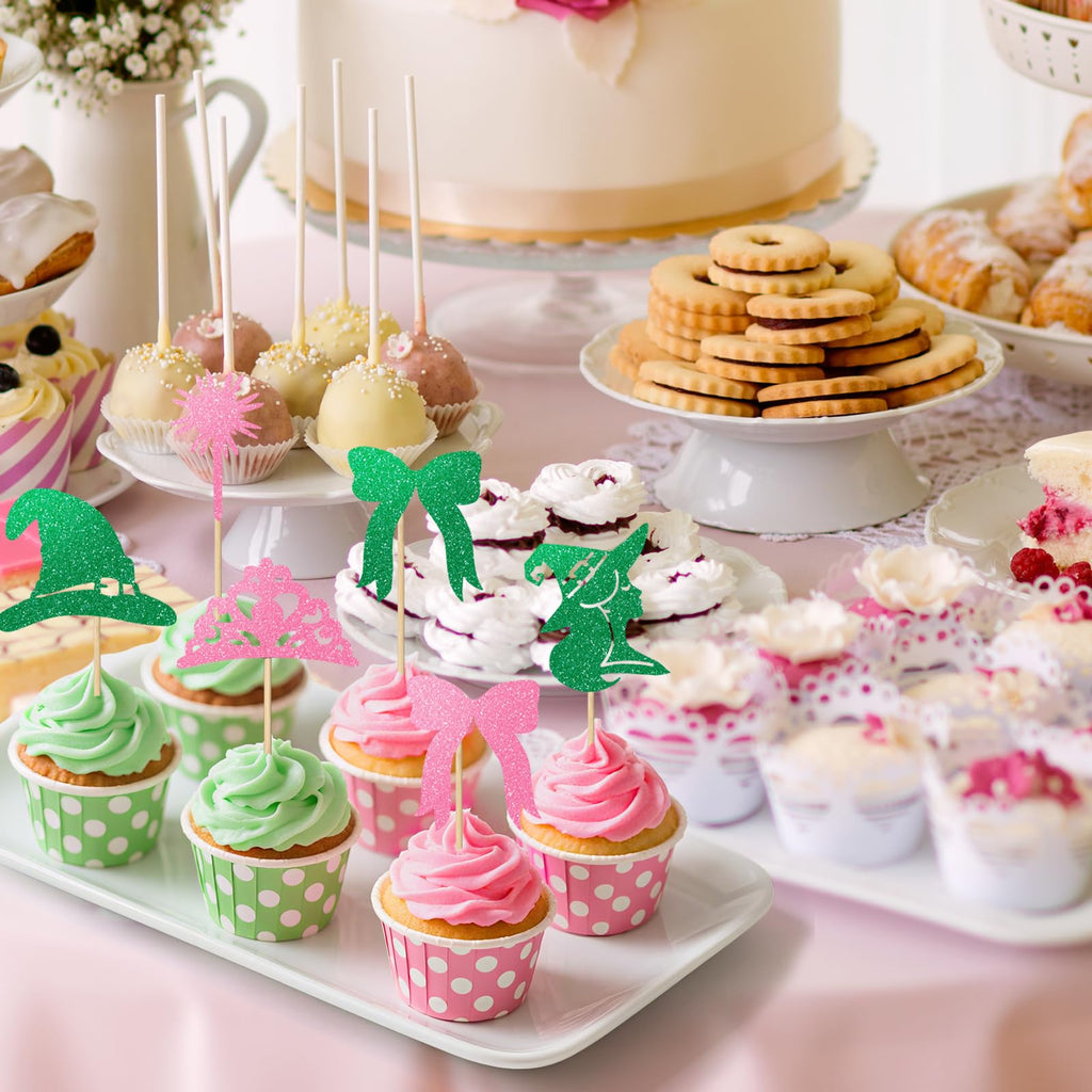Loghohu 24Pcs Pink & Green Witch Cake Toppers – Glittery Hat, Crown & Bow Decorations for Halloween Parties