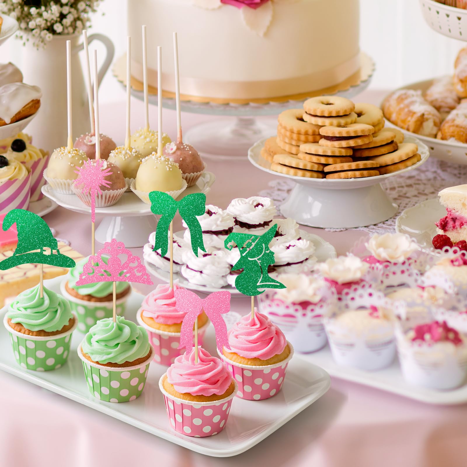 Loghohu 24Pcs Pink & Green Witch Cake Toppers – Glittery Hat, Crown & Bow Decorations for Halloween Parties