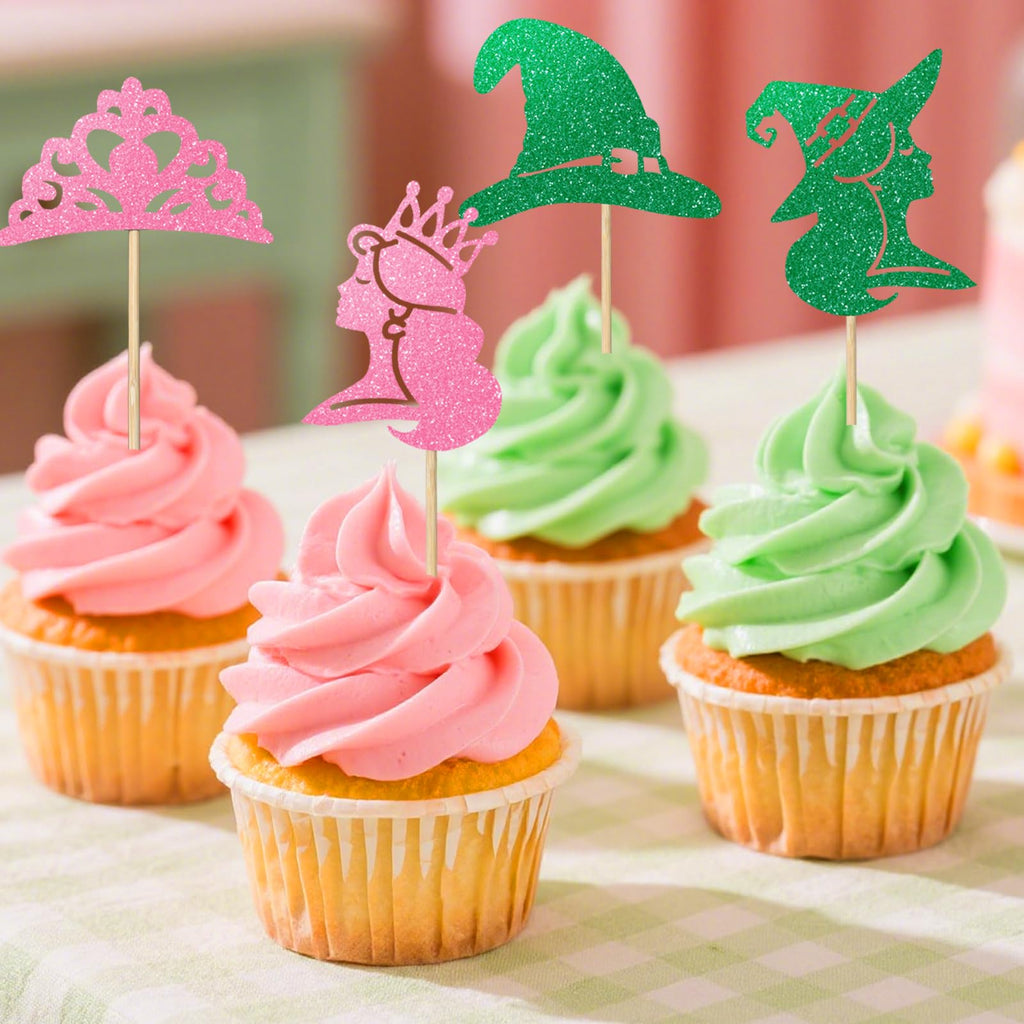 Loghohu 24Pcs Pink & Green Witch Cake Toppers – Glittery Hat, Crown & Bow Decorations for Halloween Parties