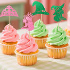 Loghohu 24Pcs Pink & Green Witch Cake Toppers – Glittery Hat, Crown & Bow Decorations for Halloween Parties