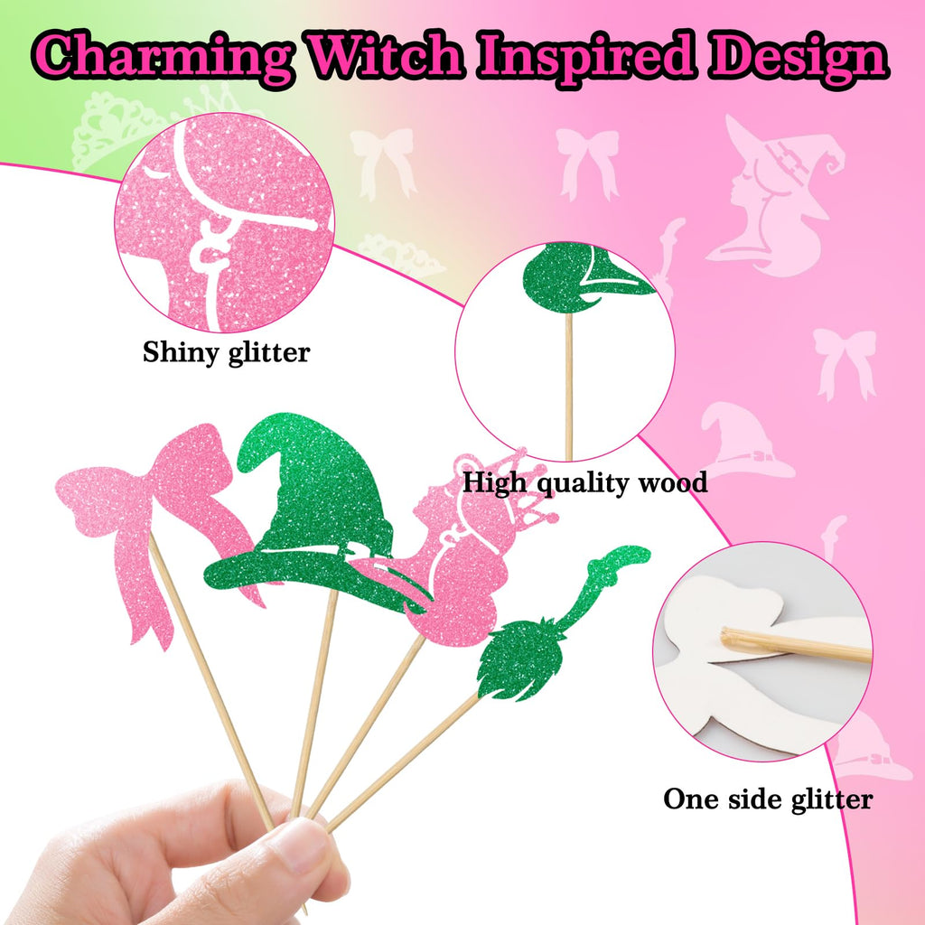 Loghohu 24Pcs Pink & Green Witch Cake Toppers – Glittery Hat, Crown & Bow Decorations for Halloween Parties