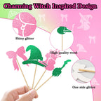 Loghohu 24Pcs Pink & Green Witch Cake Toppers – Glittery Hat, Crown & Bow Decorations for Halloween Parties