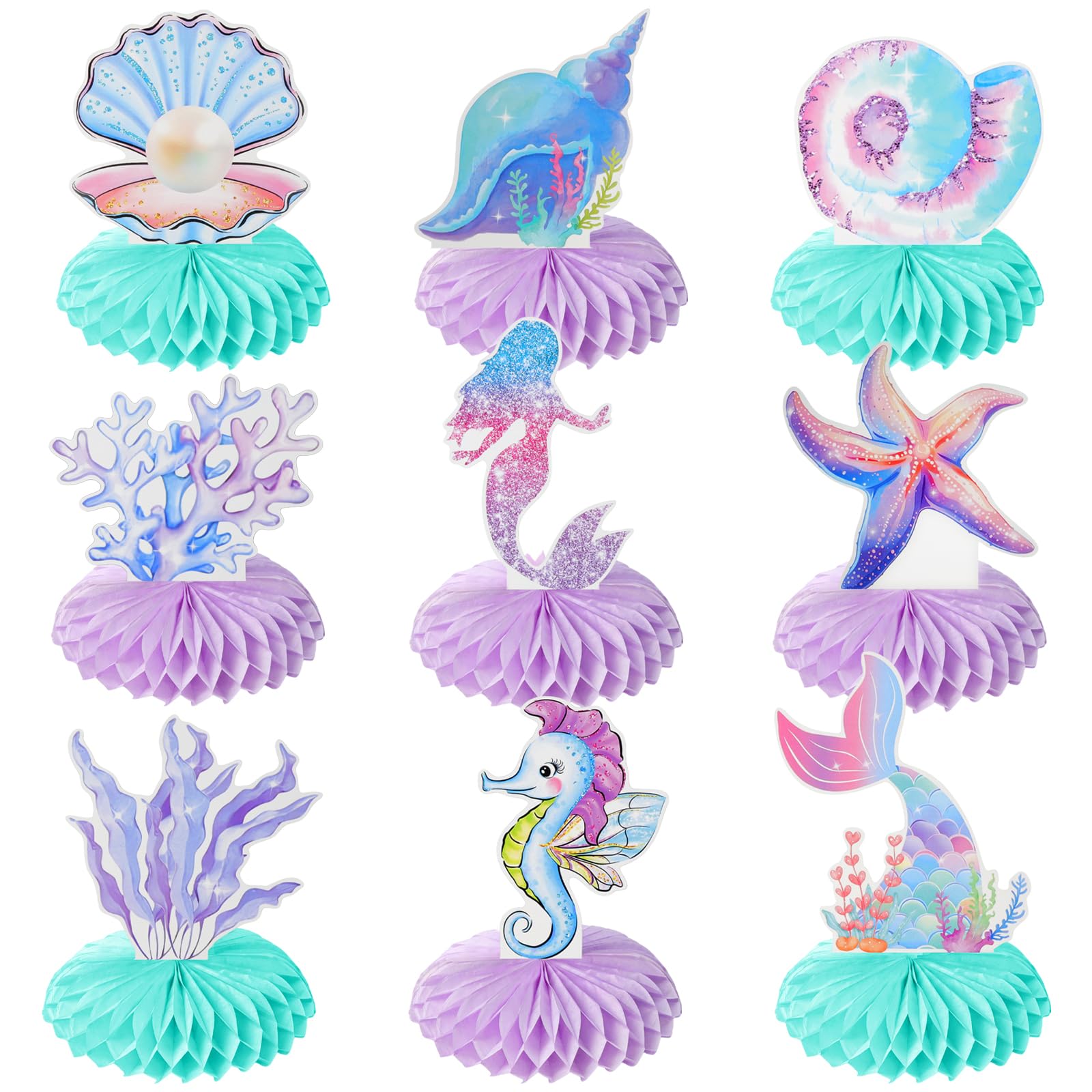 Loghohu 9PCS Mermaid Theme Party Decorations | 3D Honeycomb Centerpieces for Under-the-Sea Parties