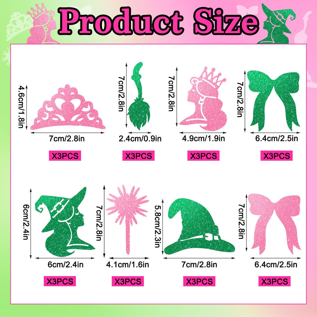Loghohu 24Pcs Pink & Green Witch Cake Toppers – Glittery Hat, Crown & Bow Decorations for Halloween Parties