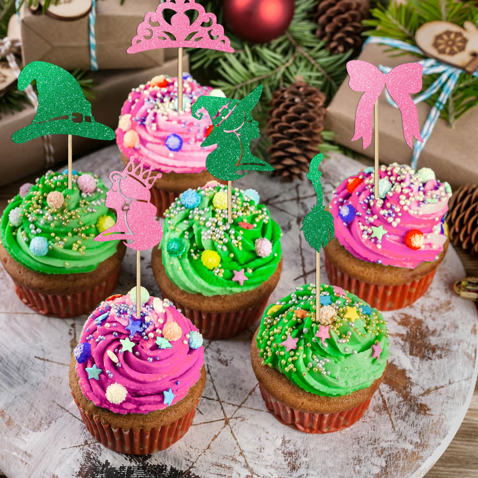 Loghohu 24Pcs Pink & Green Witch Cake Toppers – Glittery Hat, Crown & Bow Decorations for Halloween Parties
