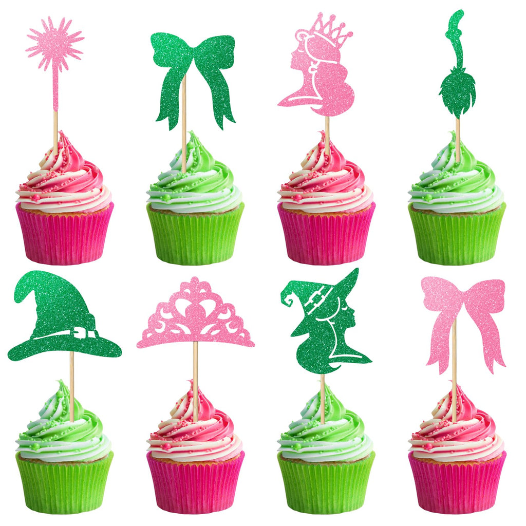 Loghohu 24Pcs Pink & Green Witch Cake Toppers – Glittery Hat, Crown & Bow Decorations for Halloween Parties