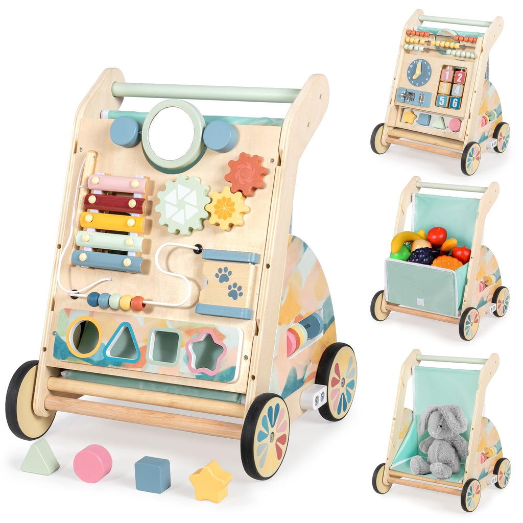 LOL-FUN Wooden Baby Walker with Double-Sided Busy Board and Adjustable Speed Wheels
