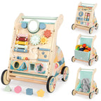 LOL-FUN Wooden Baby Walker with Double-Sided Busy Board and Adjustable Speed Wheels