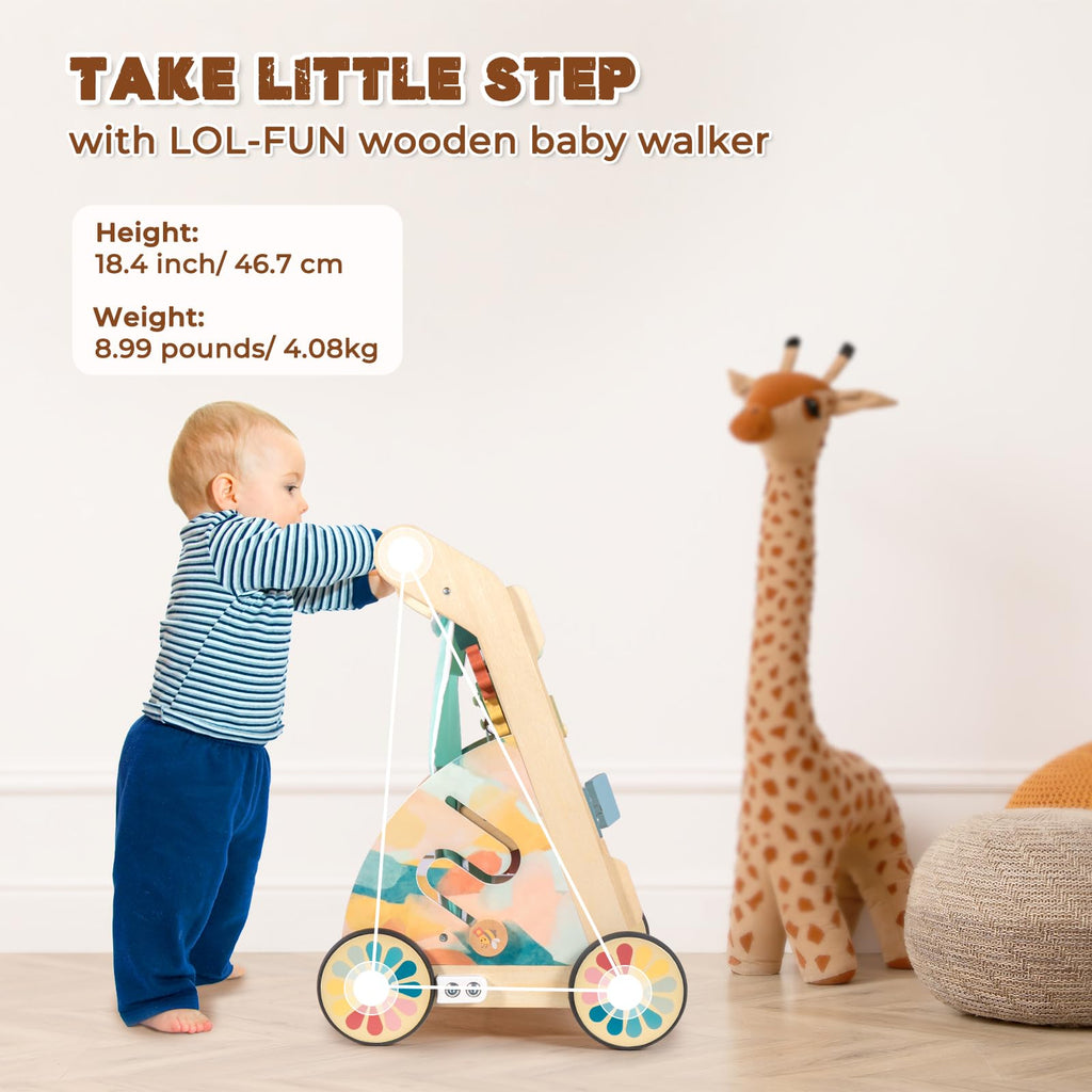 LOL-FUN Wooden Baby Walker with Double-Sided Busy Board and Adjustable Speed Wheels
