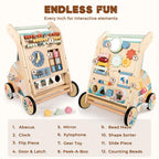 LOL-FUN Wooden Baby Walker with Double-Sided Busy Board and Adjustable Speed Wheels