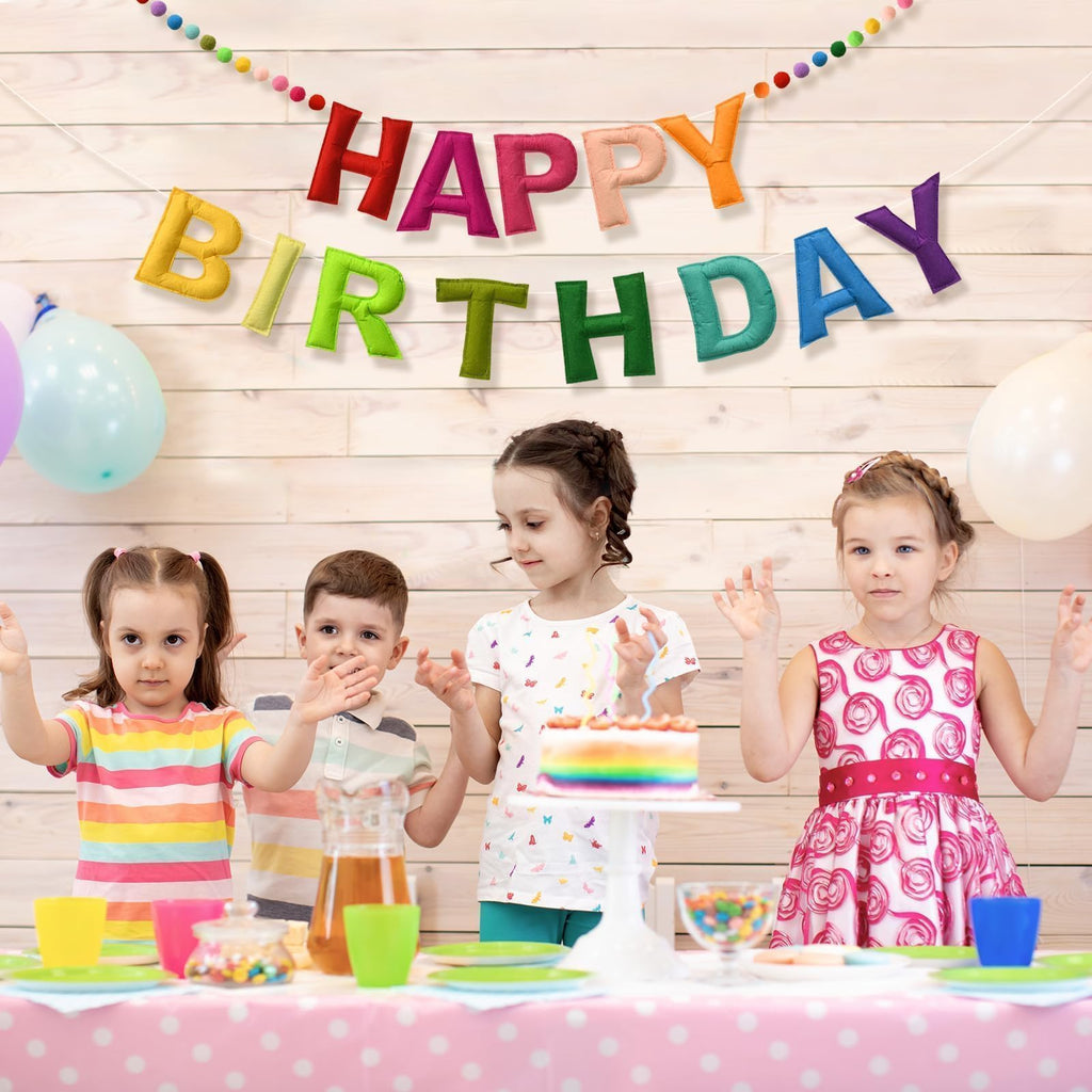 LOLStar Happy Birthday Banner – Rainbow Felt Ball Garland, Reusable Pre-Strung Party Decor