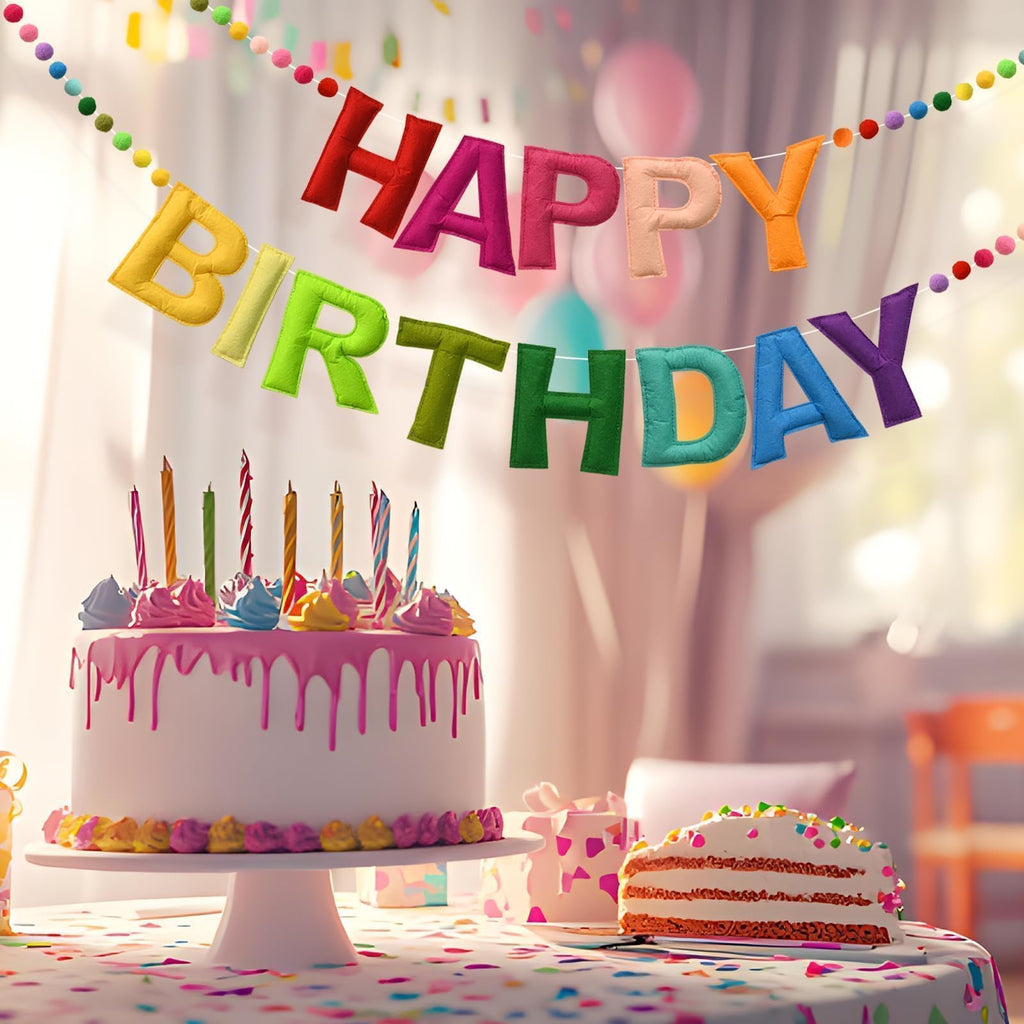 LOLStar Happy Birthday Banner – Rainbow Felt Ball Garland, Reusable Pre-Strung Party Decor