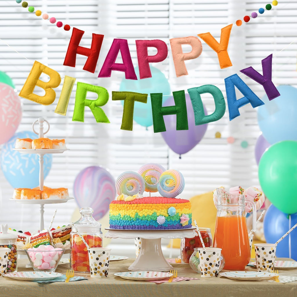 LOLStar Happy Birthday Banner – Rainbow Felt Ball Garland, Reusable Pre-Strung Party Decor
