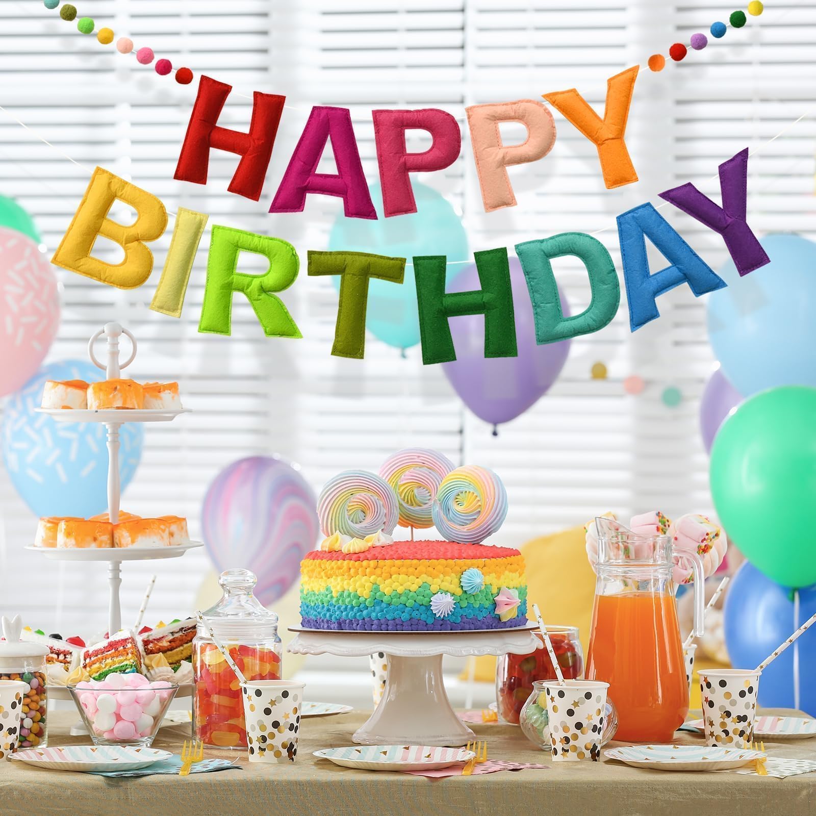 LOLStar Happy Birthday Banner – Rainbow Felt Ball Garland, Reusable Pre-Strung Party Decor