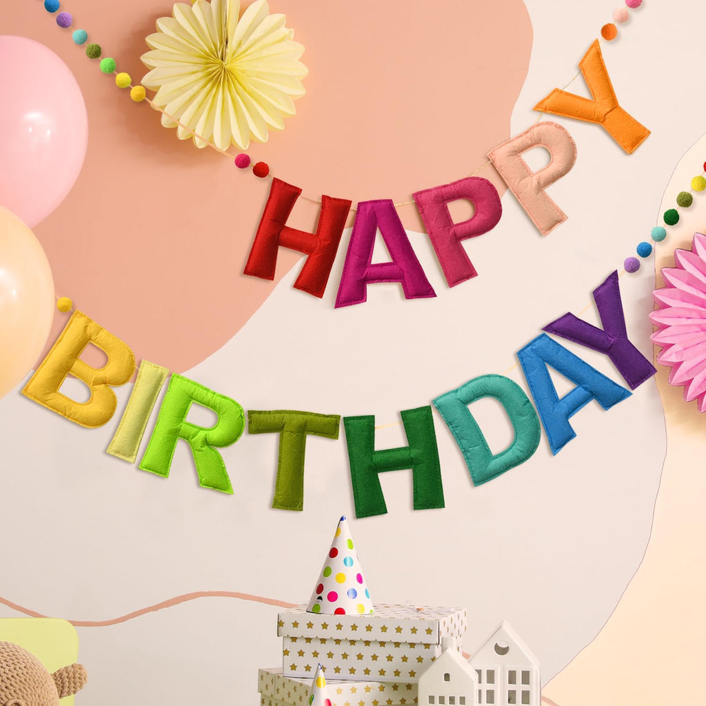 LOLStar Happy Birthday Banner – Rainbow Felt Ball Garland, Reusable Pre-Strung Party Decor