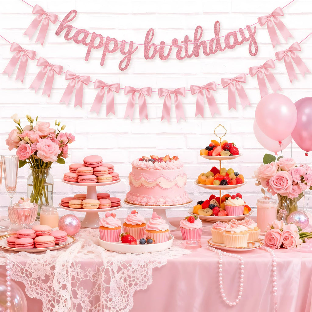 Lomantank 2 Strings Coquette Pink Bow Garland & Glitter Birthday Banner