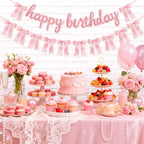 Lomantank 2 Strings Coquette Pink Bow Garland & Glitter Birthday Banner