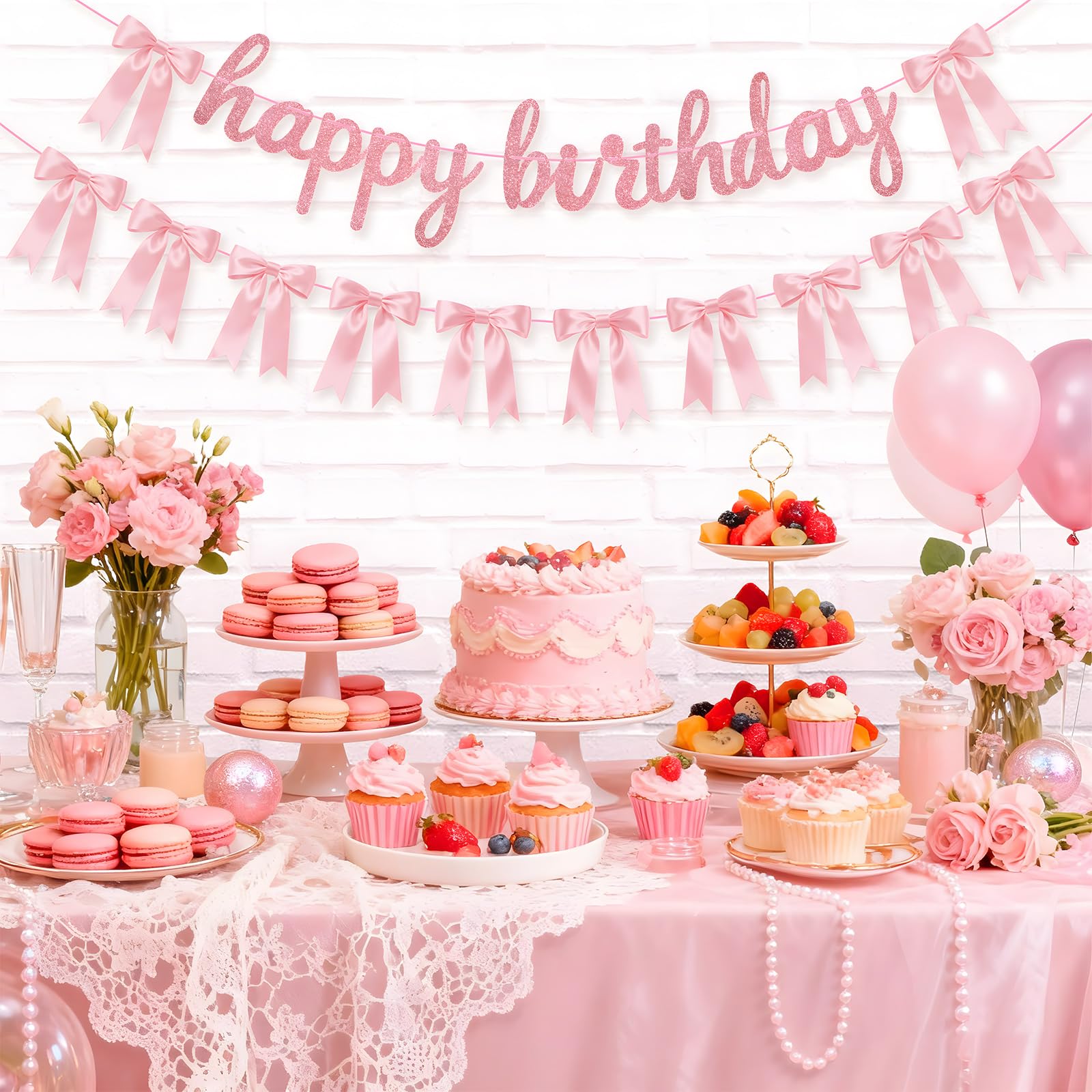 Lomantank 2 Strings Coquette Pink Bow Garland & Glitter Birthday Banner