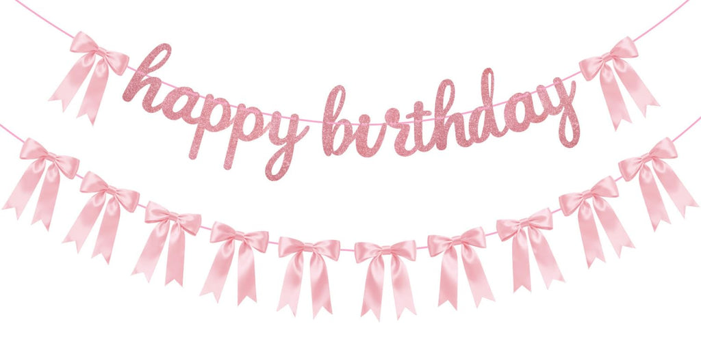 Lomantank 2 Strings Coquette Pink Bow Garland & Glitter Birthday Banner