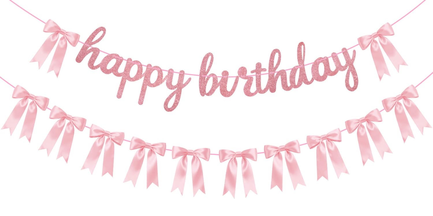Lomantank 2 Strings Coquette Pink Bow Garland & Glitter Birthday Banner