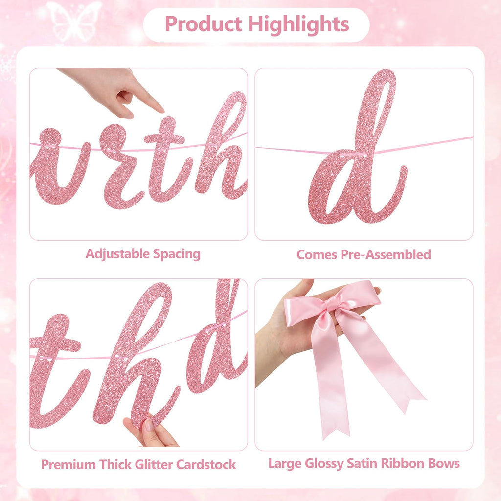 Lomantank 2 Strings Coquette Pink Bow Garland & Glitter Birthday Banner