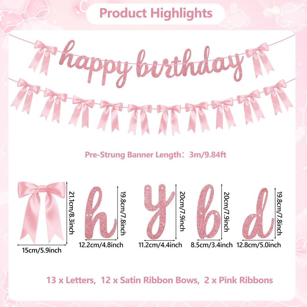 Lomantank 2 Strings Coquette Pink Bow Garland & Glitter Birthday Banner