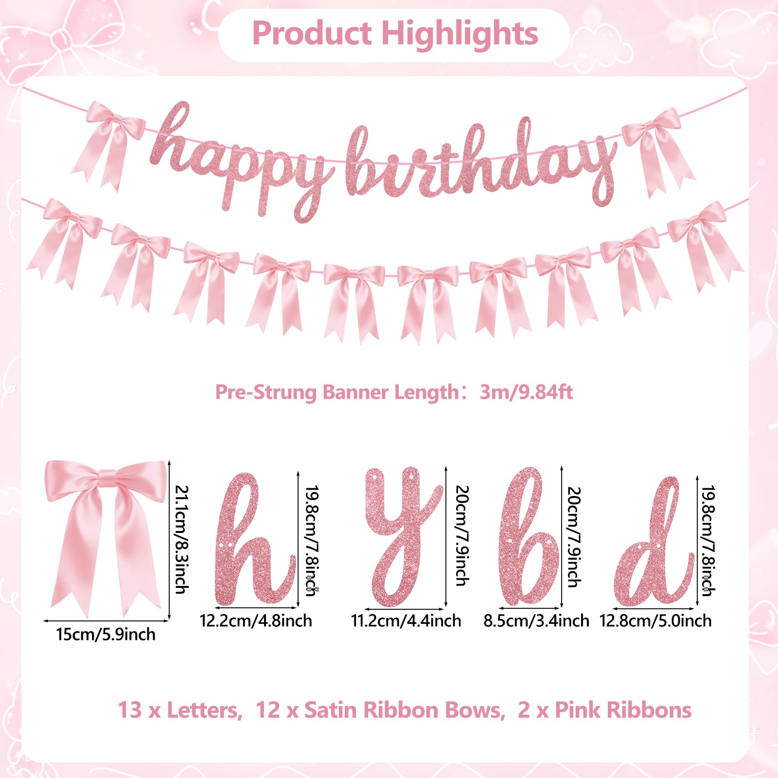 Lomantank 2 Strings Coquette Pink Bow Garland & Glitter Birthday Banner