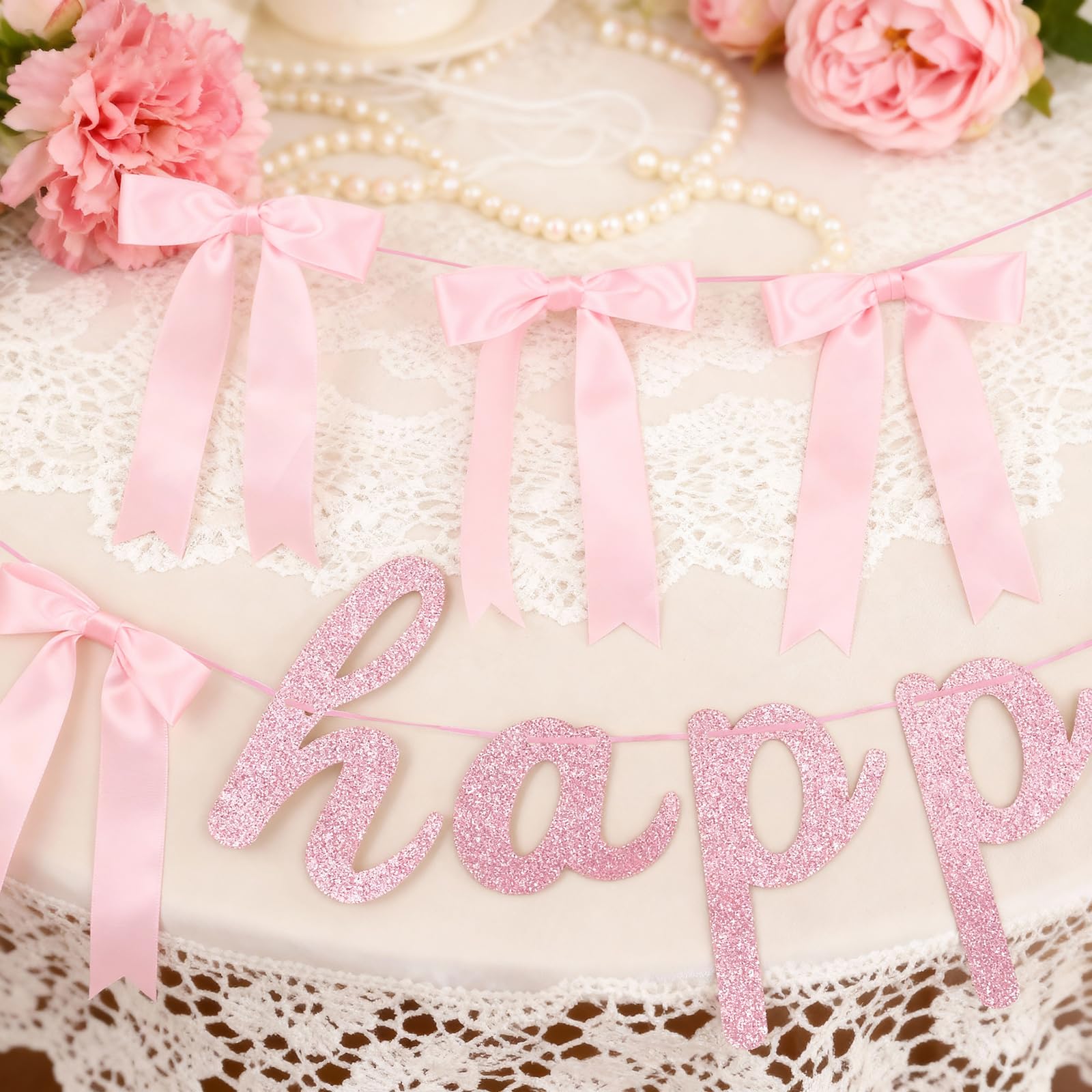 Lomantank 2 Strings Coquette Pink Bow Garland & Glitter Birthday Banner