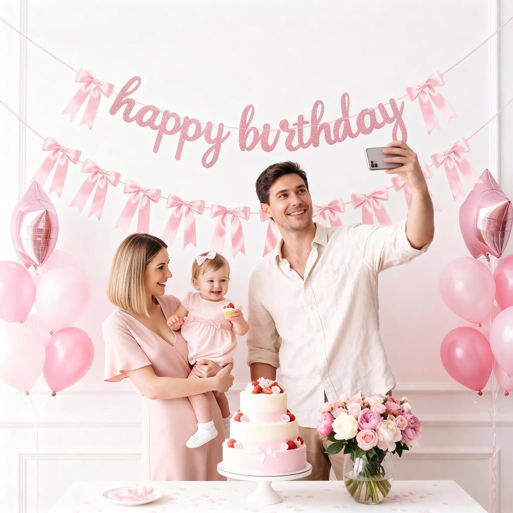Lomantank 2 Strings Coquette Pink Bow Garland & Glitter Birthday Banner