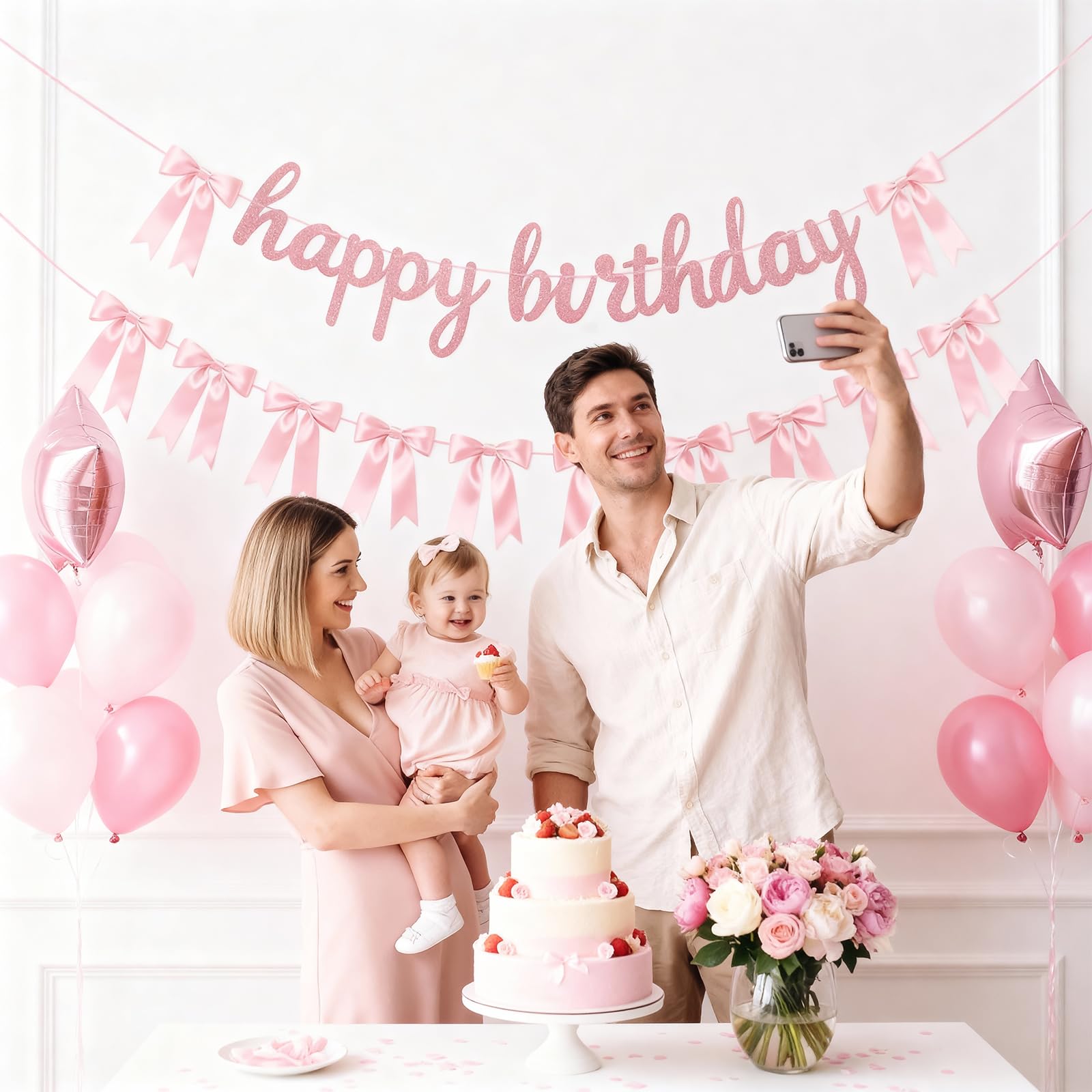 Lomantank 2 Strings Coquette Pink Bow Garland & Glitter Birthday Banner