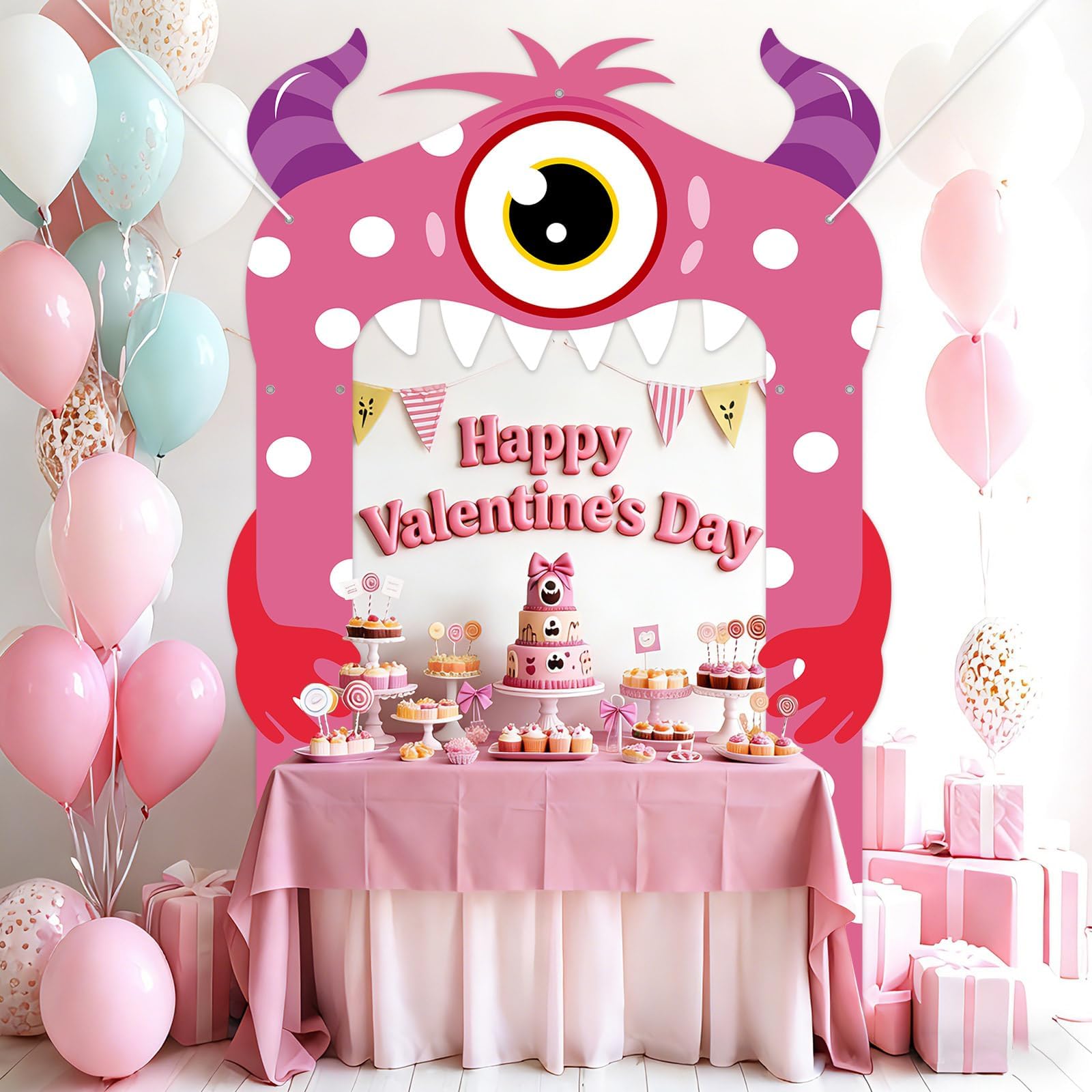 Lonfliness Valentines Monster Door Banner – Pink Monster Porch Decor for Indoor and Outdoor Valentines Day
