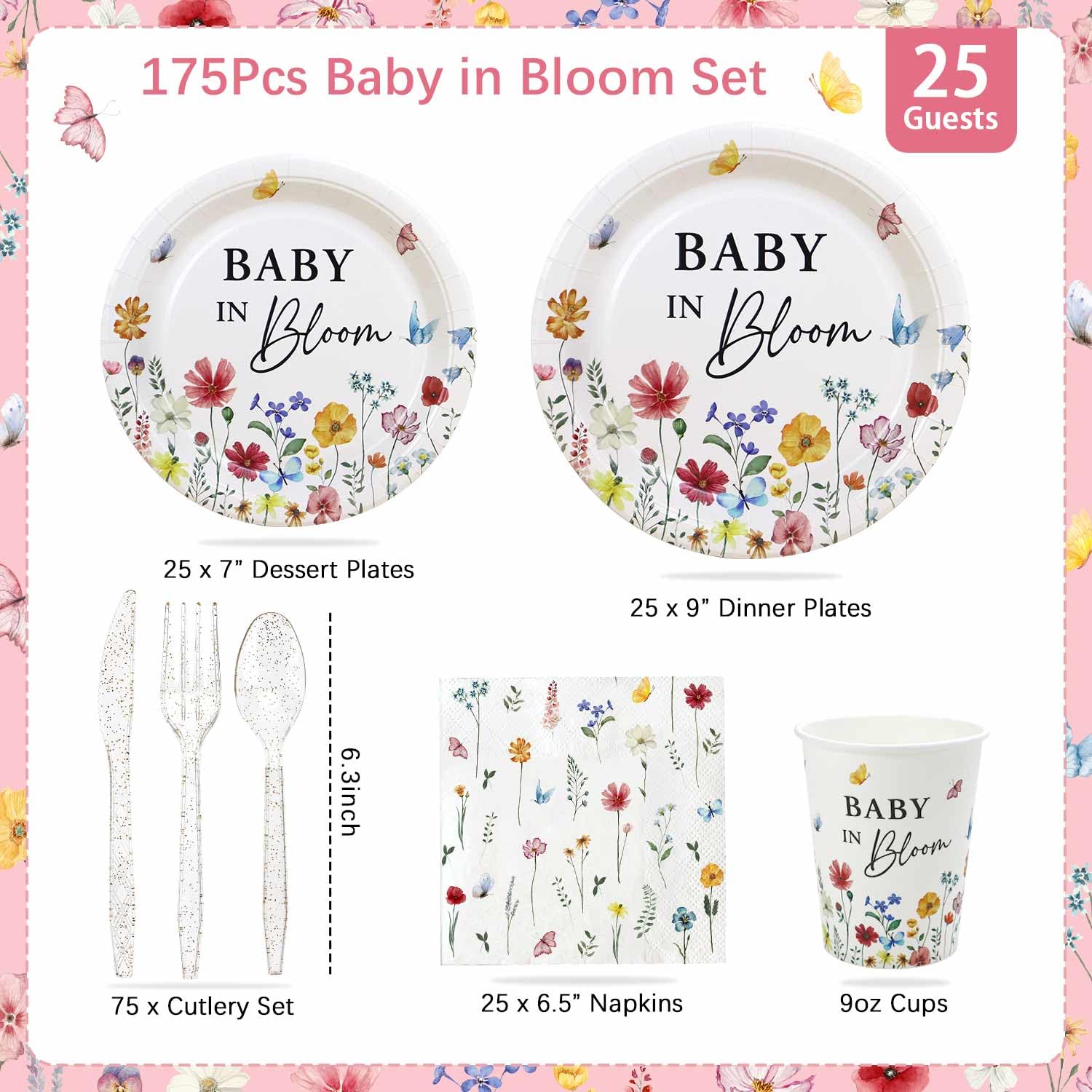 Lopeastar 175Pcs Spring Baby In Bloom Decorations – All-in-One Plates, Napkins, Cups & Cutlery for 25 Guests