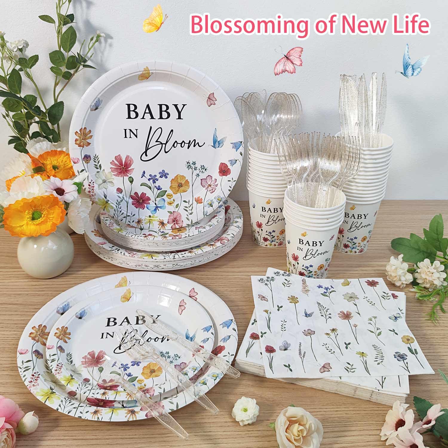 Lopeastar 175Pcs Spring Baby In Bloom Decorations – All-in-One Plates, Napkins, Cups & Cutlery for 25 Guests