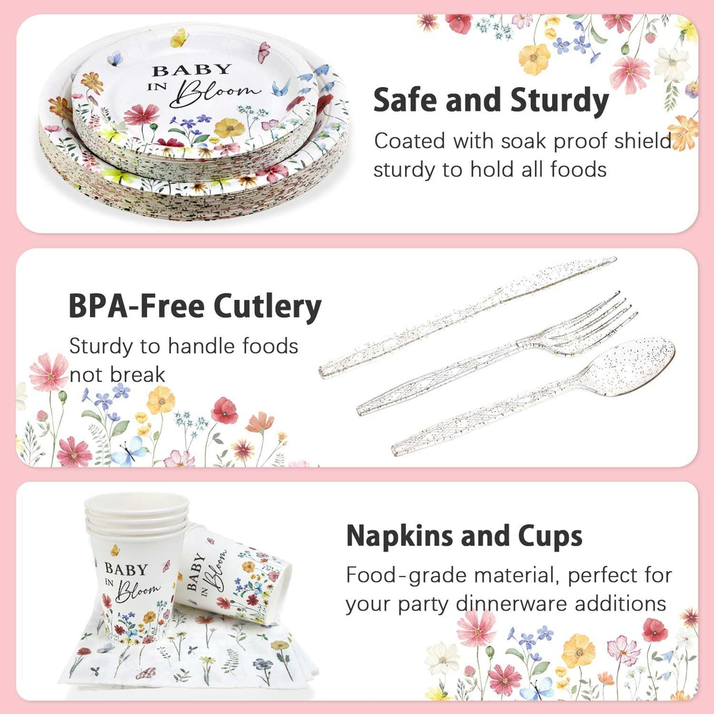 Lopeastar 175Pcs Spring Baby In Bloom Decorations – All-in-One Plates, Napkins, Cups & Cutlery for 25 Guests