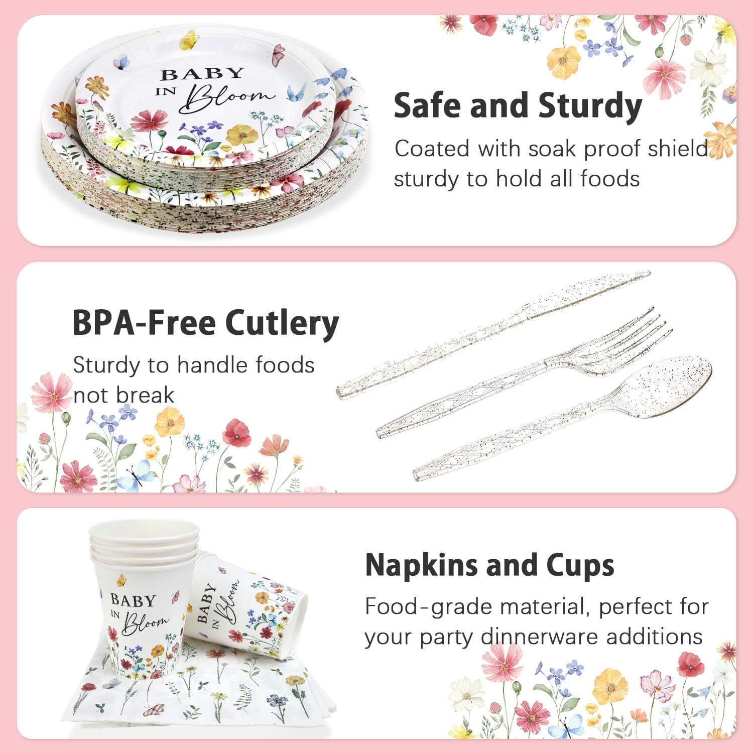 Lopeastar 175Pcs Spring Baby In Bloom Decorations – All-in-One Plates, Napkins, Cups & Cutlery for 25 Guests