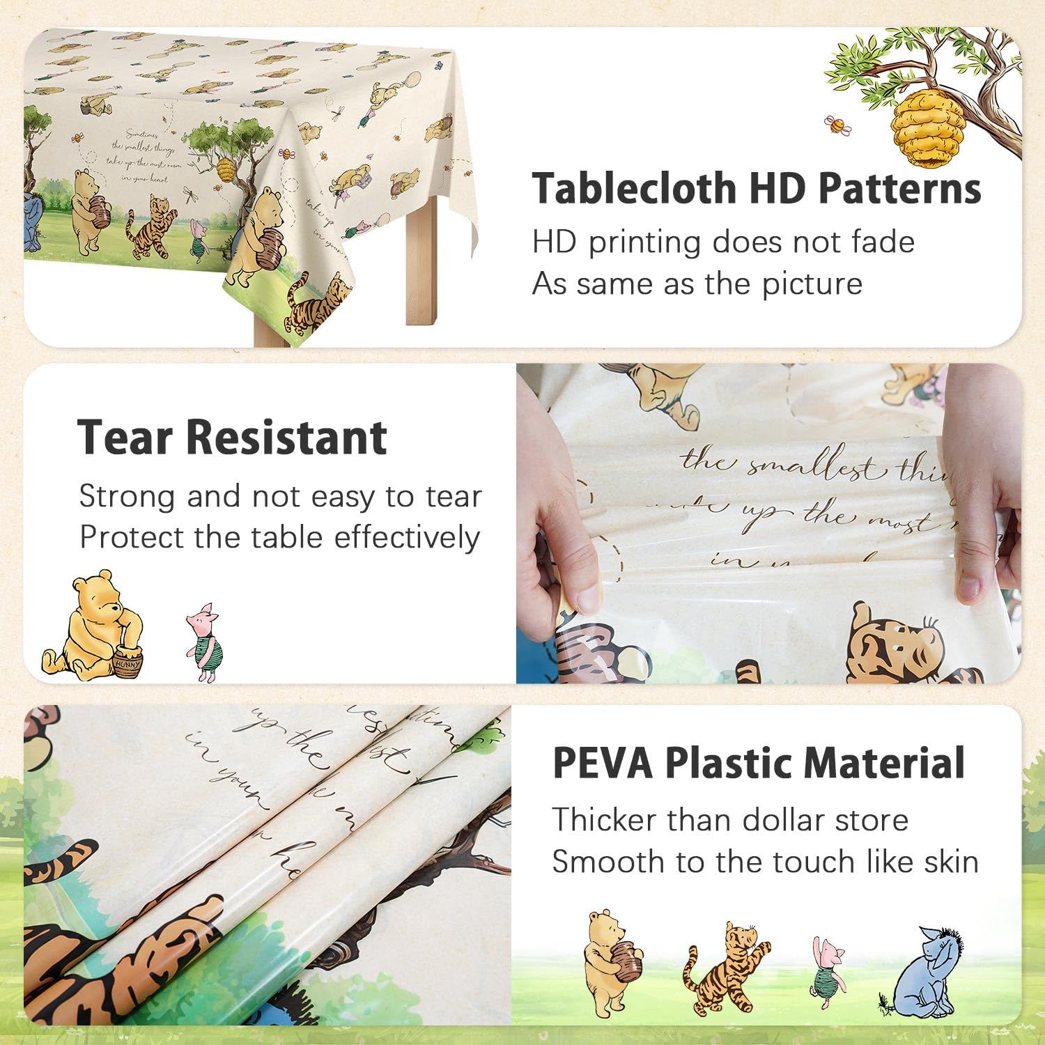 Lopeastar 3Pcs Classic Winnie Bear Tablecloths - Neutral 54x108in Disposable Pooh Baby Shower Decor