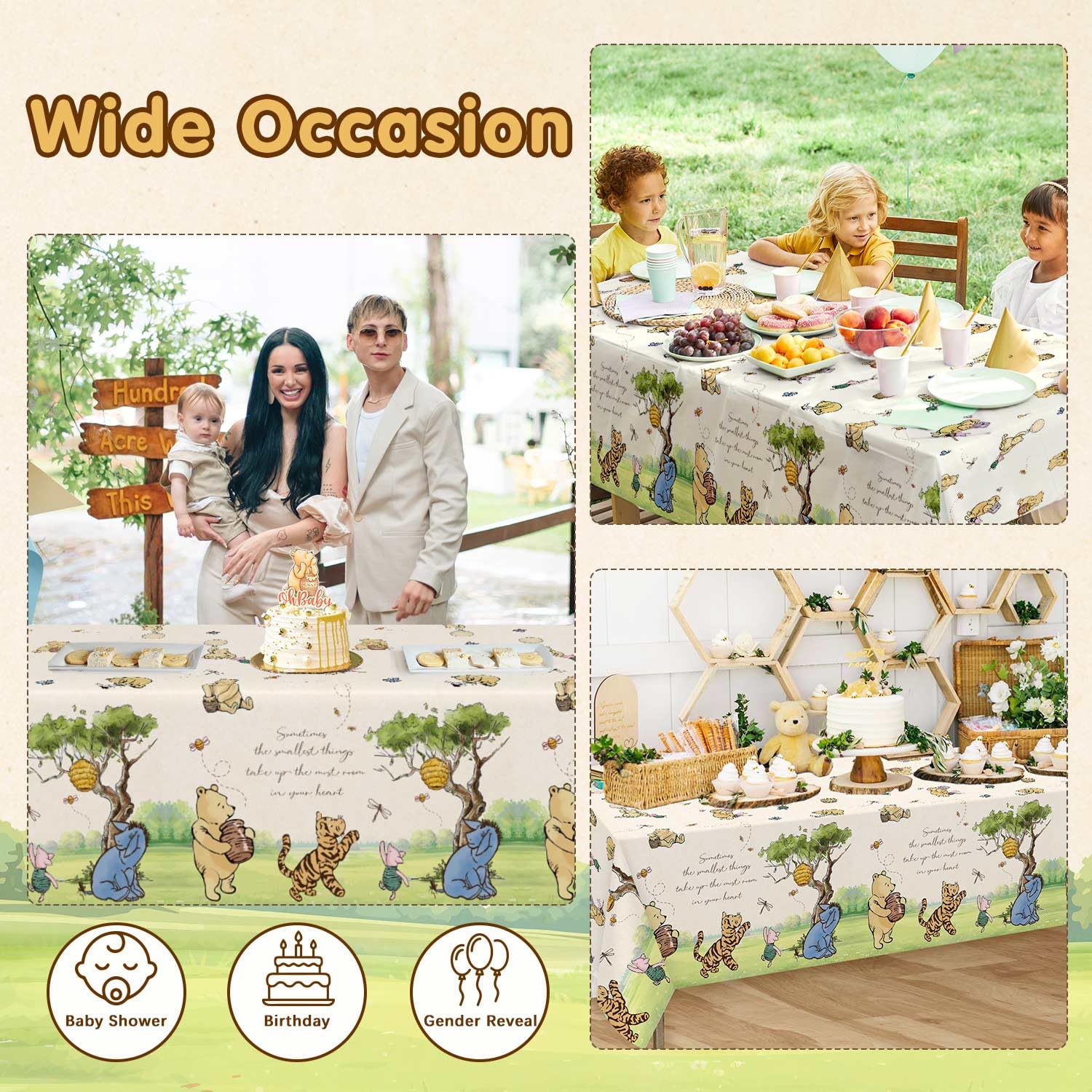 Lopeastar 3Pcs Classic Winnie Bear Tablecloths - Neutral 54x108in Disposable Pooh Baby Shower Decor