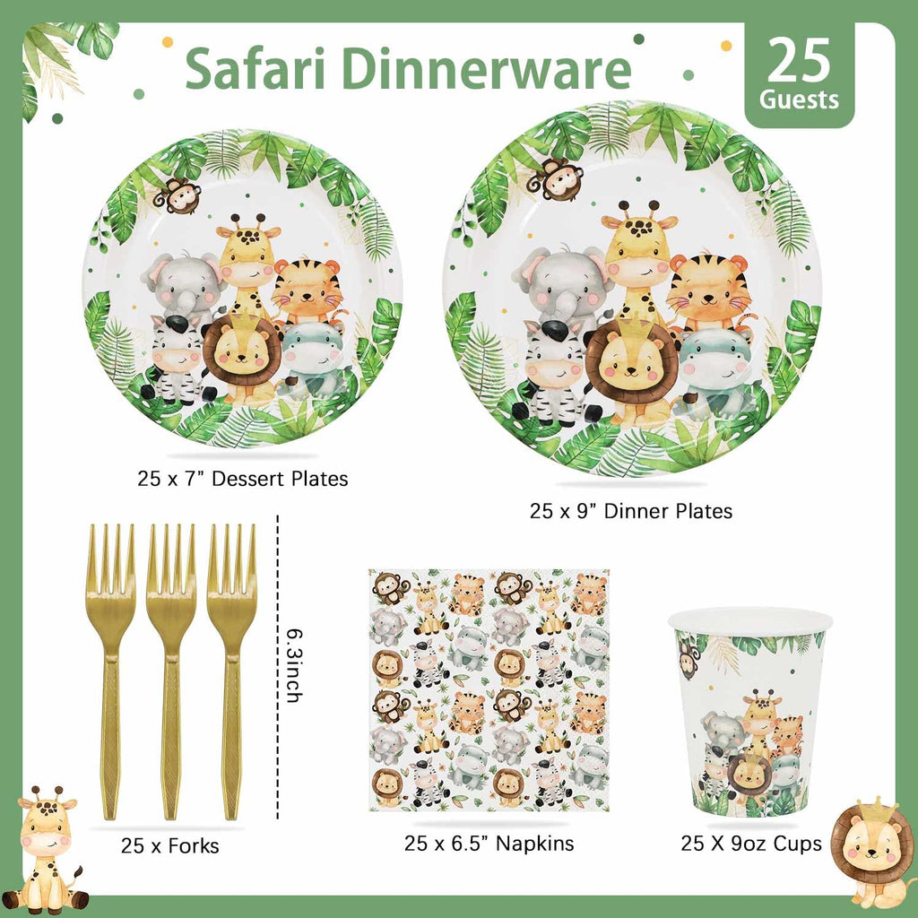 Lopeastar Safari Jungle Plates Set – Sage Green Disposable Tableware for 25 Guests | Boy Birthday Party Supplies
