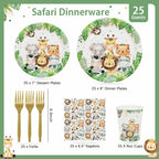 Lopeastar Safari Jungle Plates Set – Sage Green Disposable Tableware for 25 Guests | Boy Birthday Party Supplies