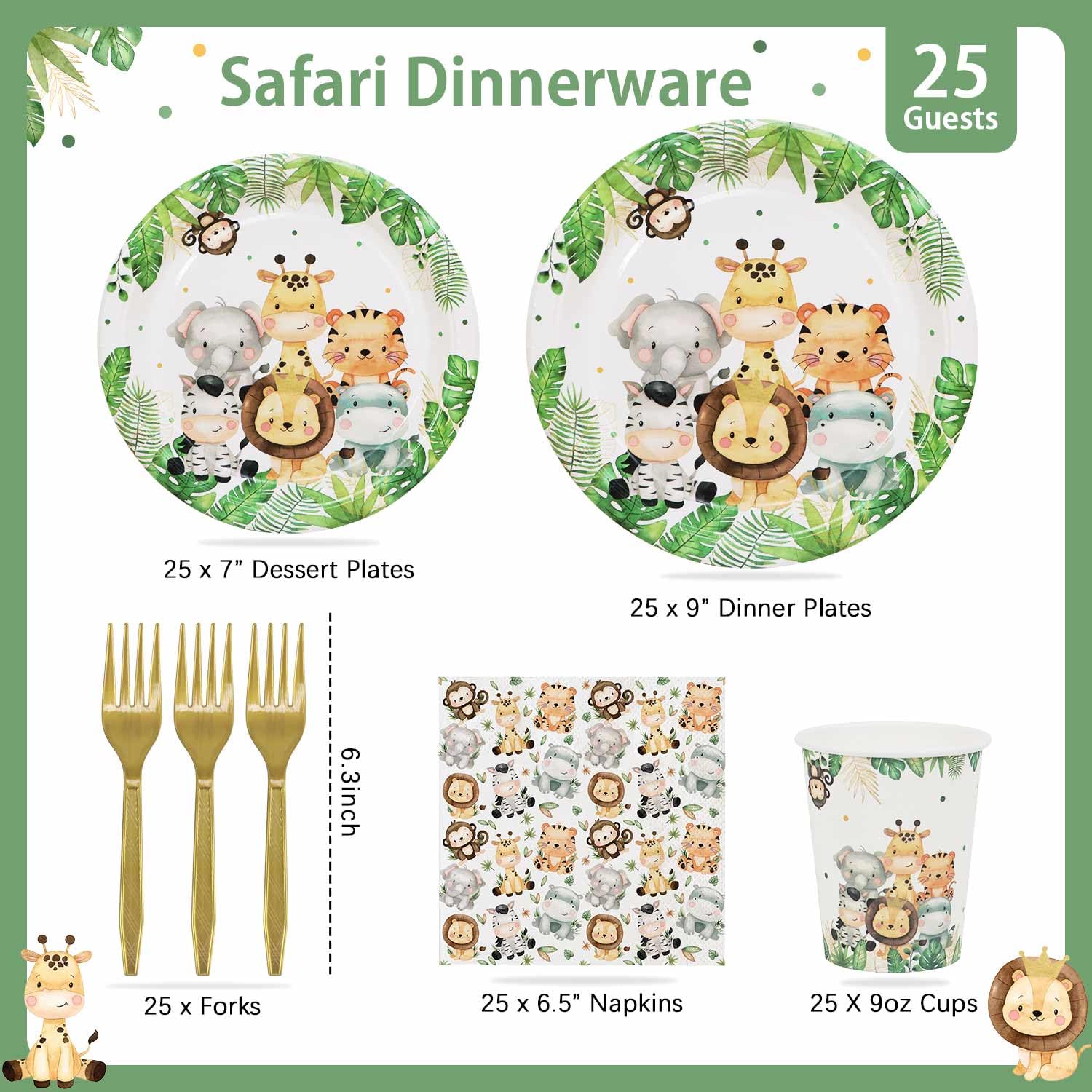 Lopeastar Safari Jungle Plates Set – Sage Green Disposable Tableware for 25 Guests | Boy Birthday Party Supplies