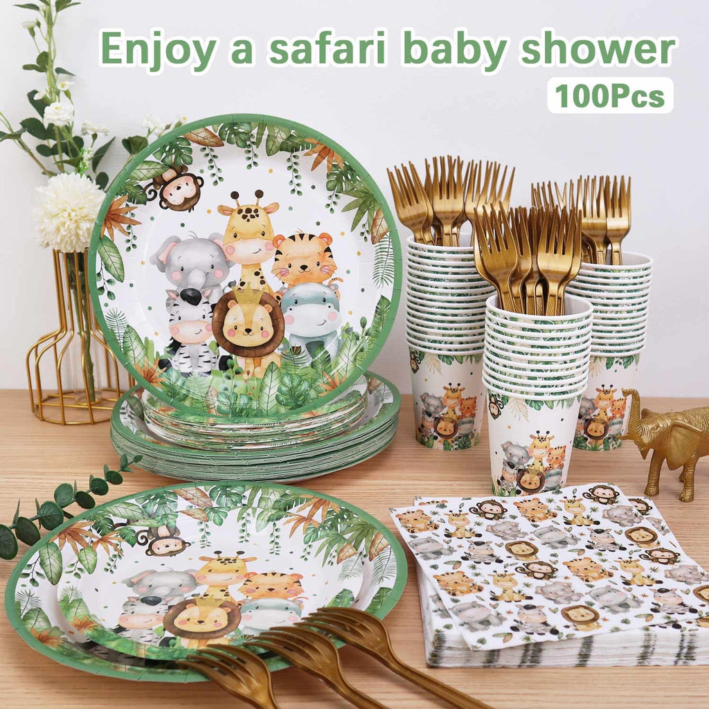 Lopeastar Safari Jungle Plates Set – Sage Green Disposable Tableware for 25 Guests | Boy Birthday Party Supplies