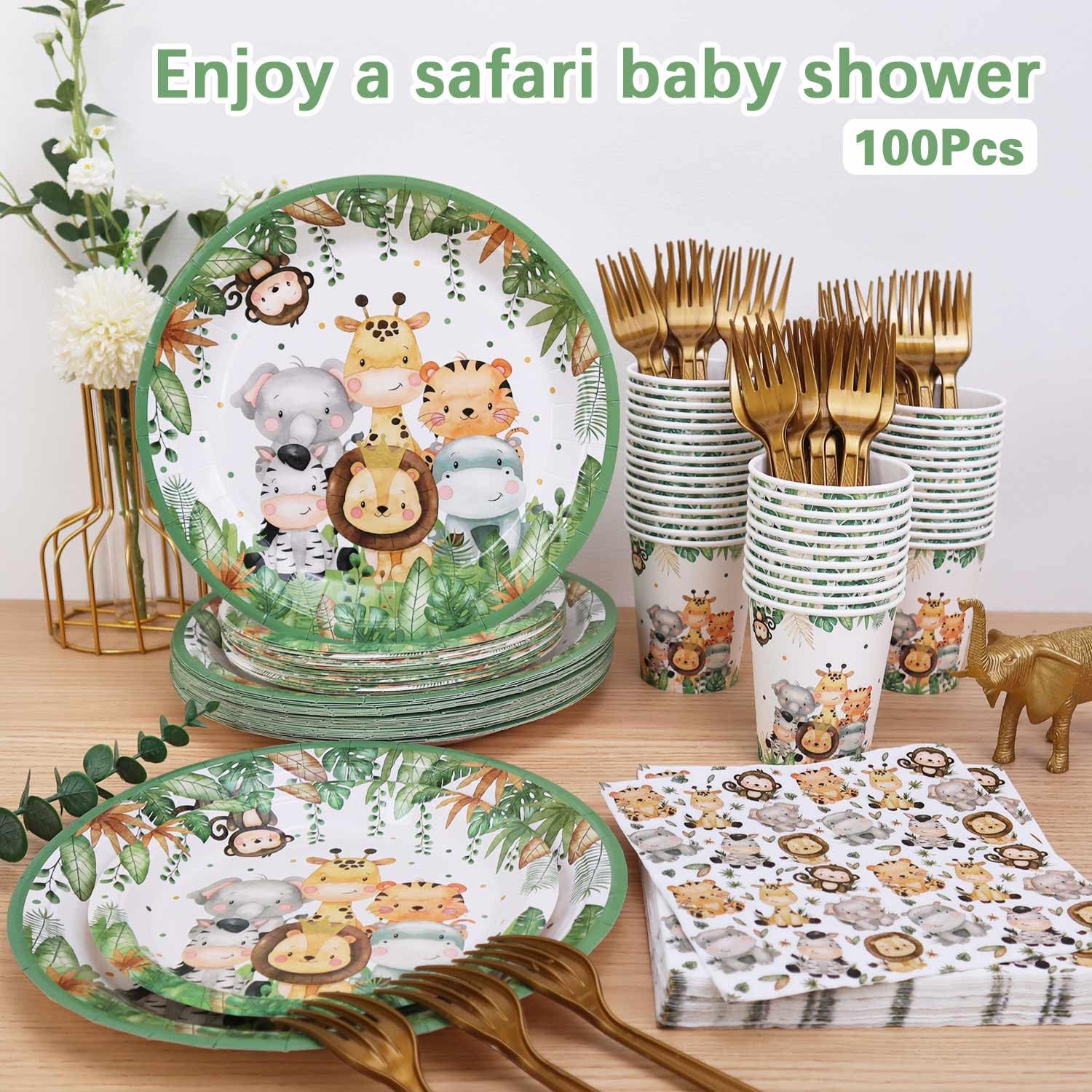 Lopeastar Safari Jungle Plates Set – Sage Green Disposable Tableware for 25 Guests | Boy Birthday Party Supplies