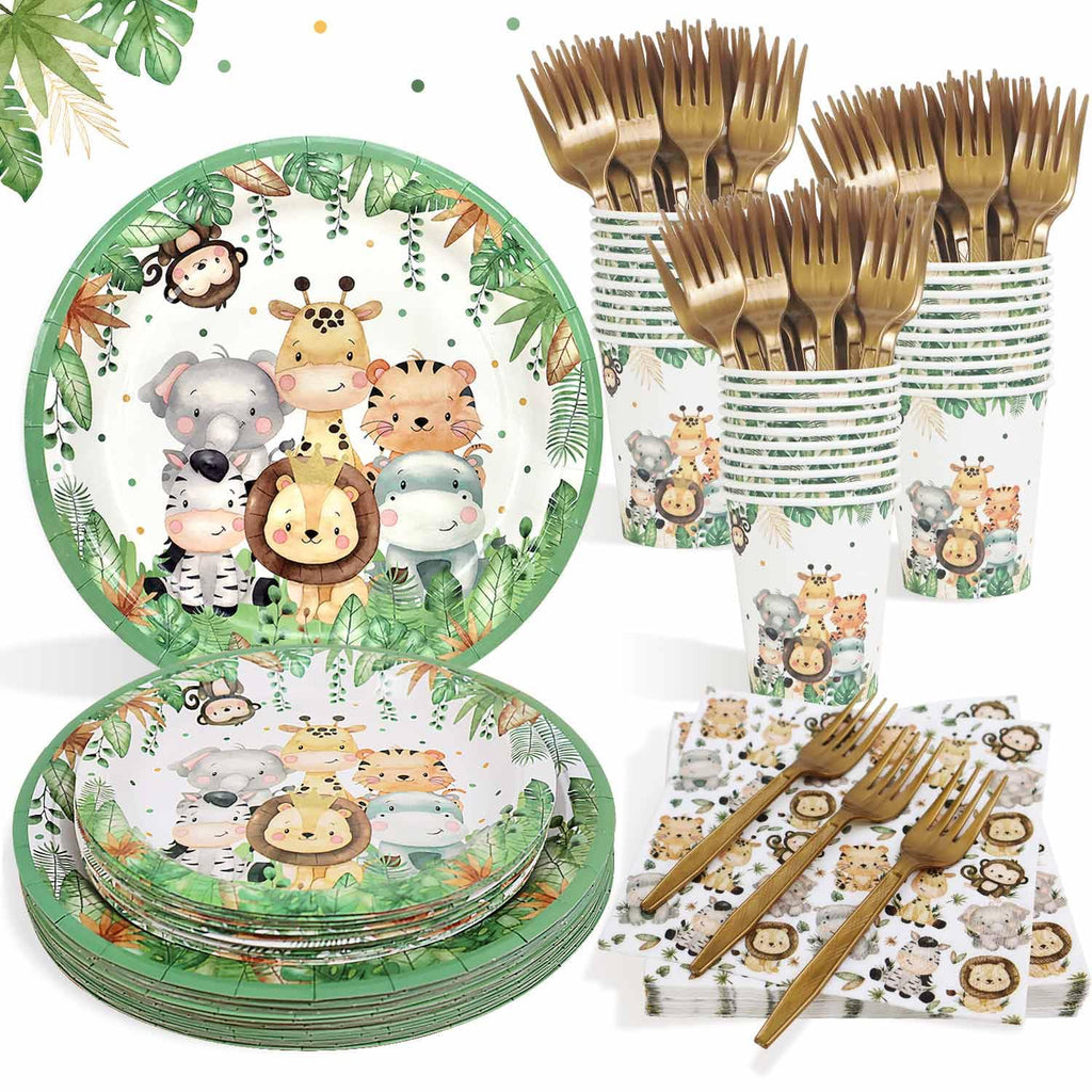 Lopeastar Safari Jungle Plates Set – Sage Green Disposable Tableware for 25 Guests | Boy Birthday Party Supplies