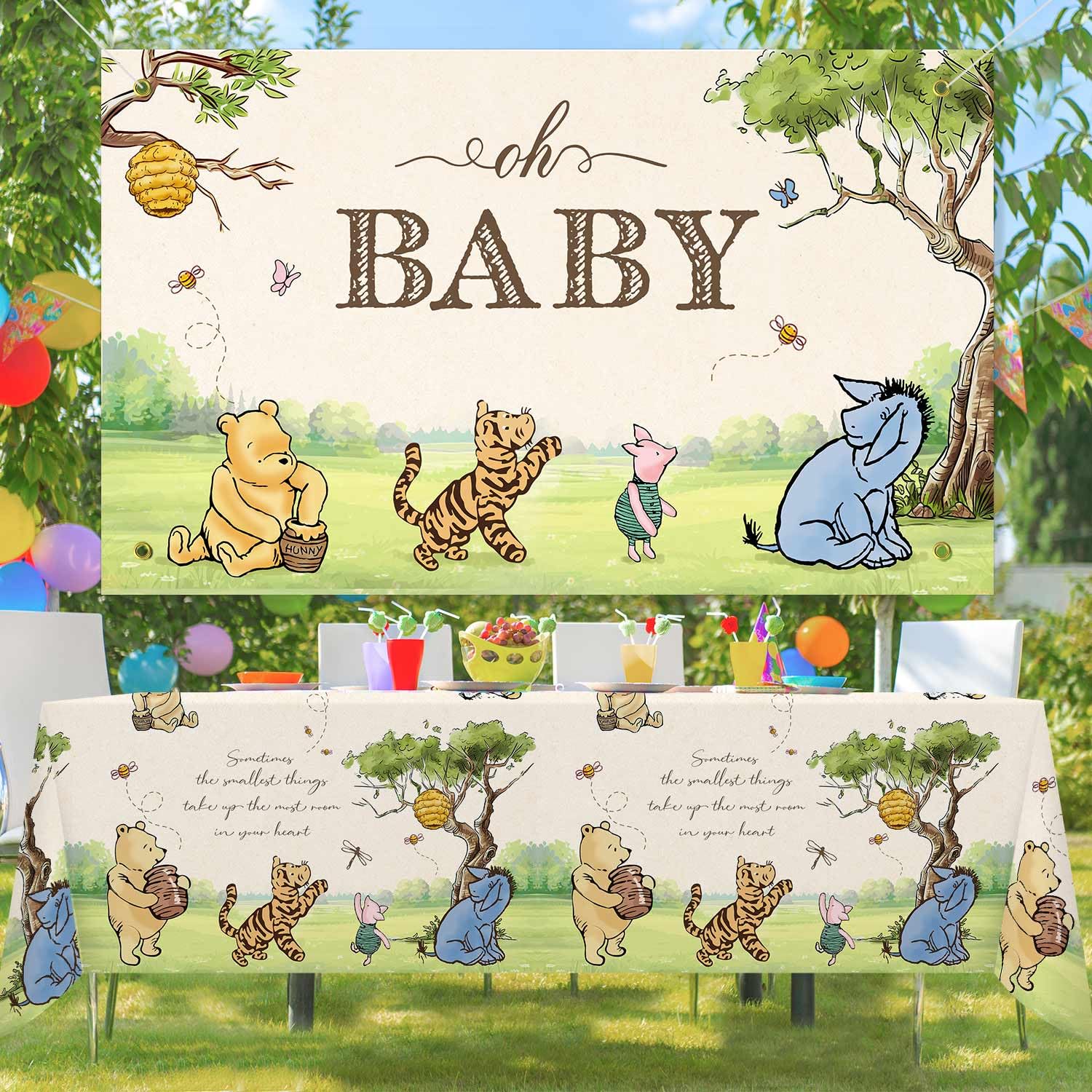 Lopeastar 3Pcs Classic Winnie Bear Tablecloths - Neutral 54x108in Disposable Pooh Baby Shower Decor