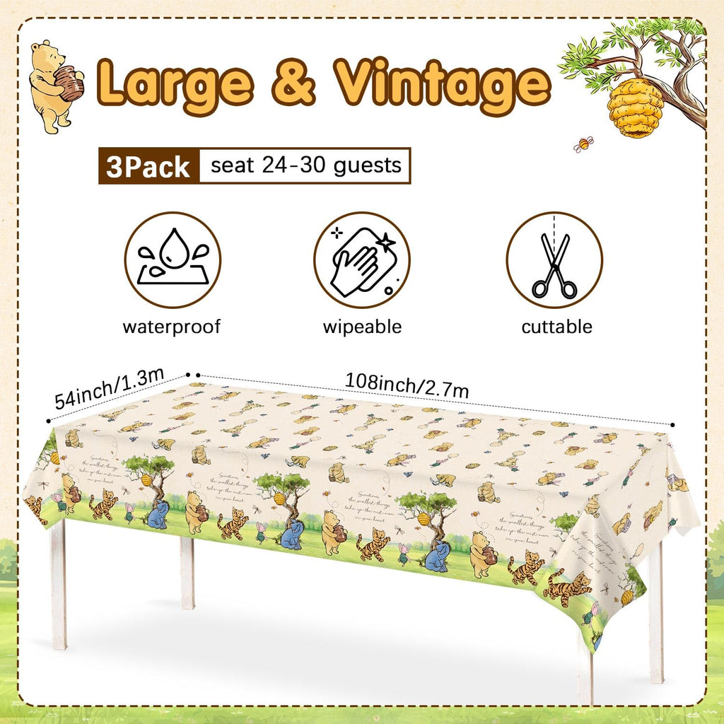 Lopeastar 3Pcs Classic Winnie Bear Tablecloths - Neutral 54x108in Disposable Pooh Baby Shower Decor