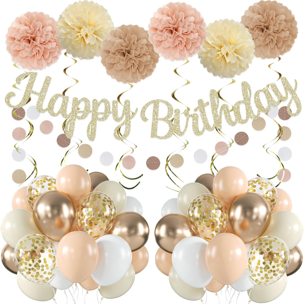 LOROBA Champagne Gold Birthday Decorations – Neutral Beige Party Kit with Banner, Balloons & Pompoms