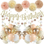 LOROBA Champagne Gold Birthday Decorations – Neutral Beige Party Kit with Banner, Balloons & Pompoms