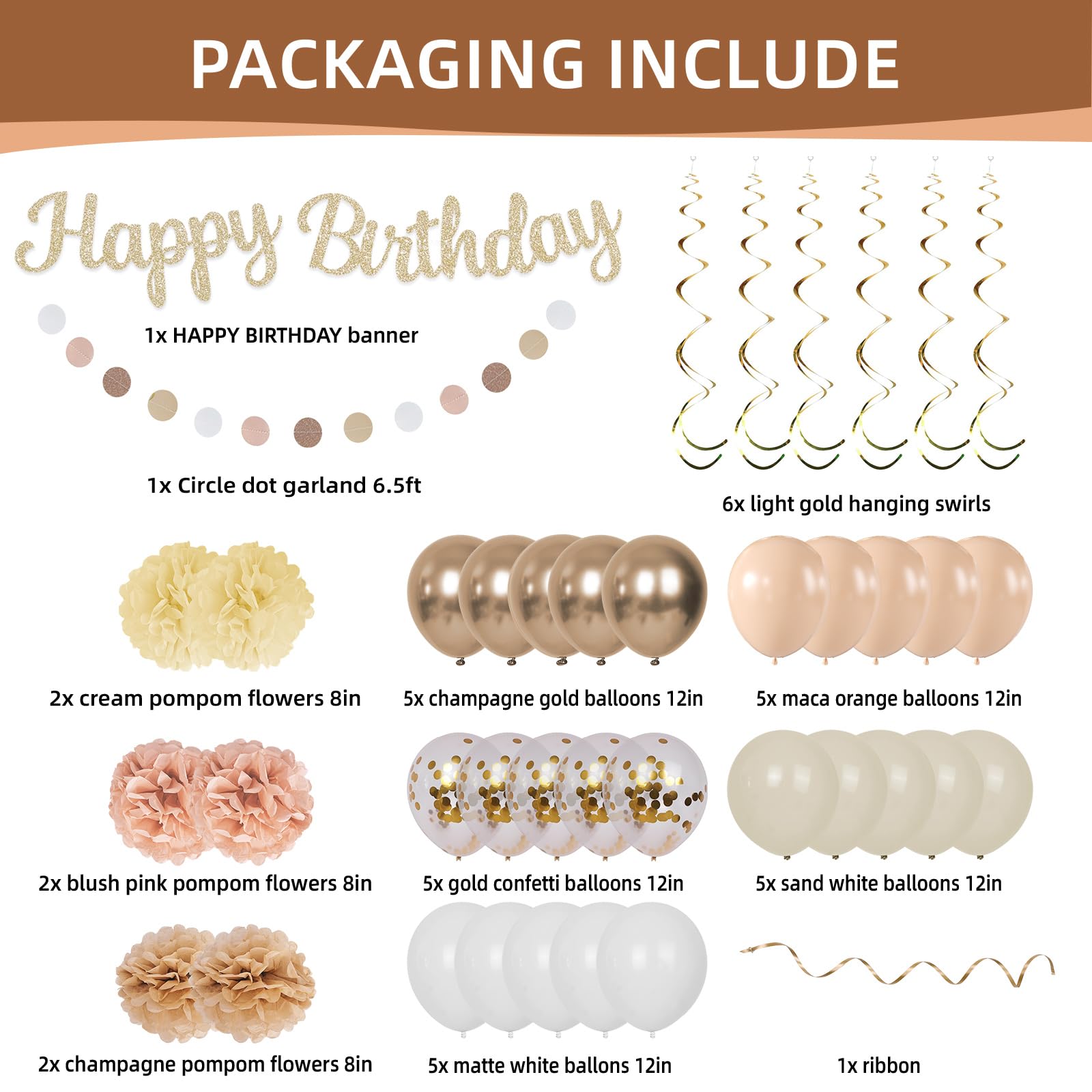 LOROBA Champagne Gold Birthday Decorations – Neutral Beige Party Kit with Banner, Balloons & Pompoms