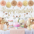 LOROBA Champagne Gold Birthday Decorations – Neutral Beige Party Kit with Banner, Balloons & Pompoms