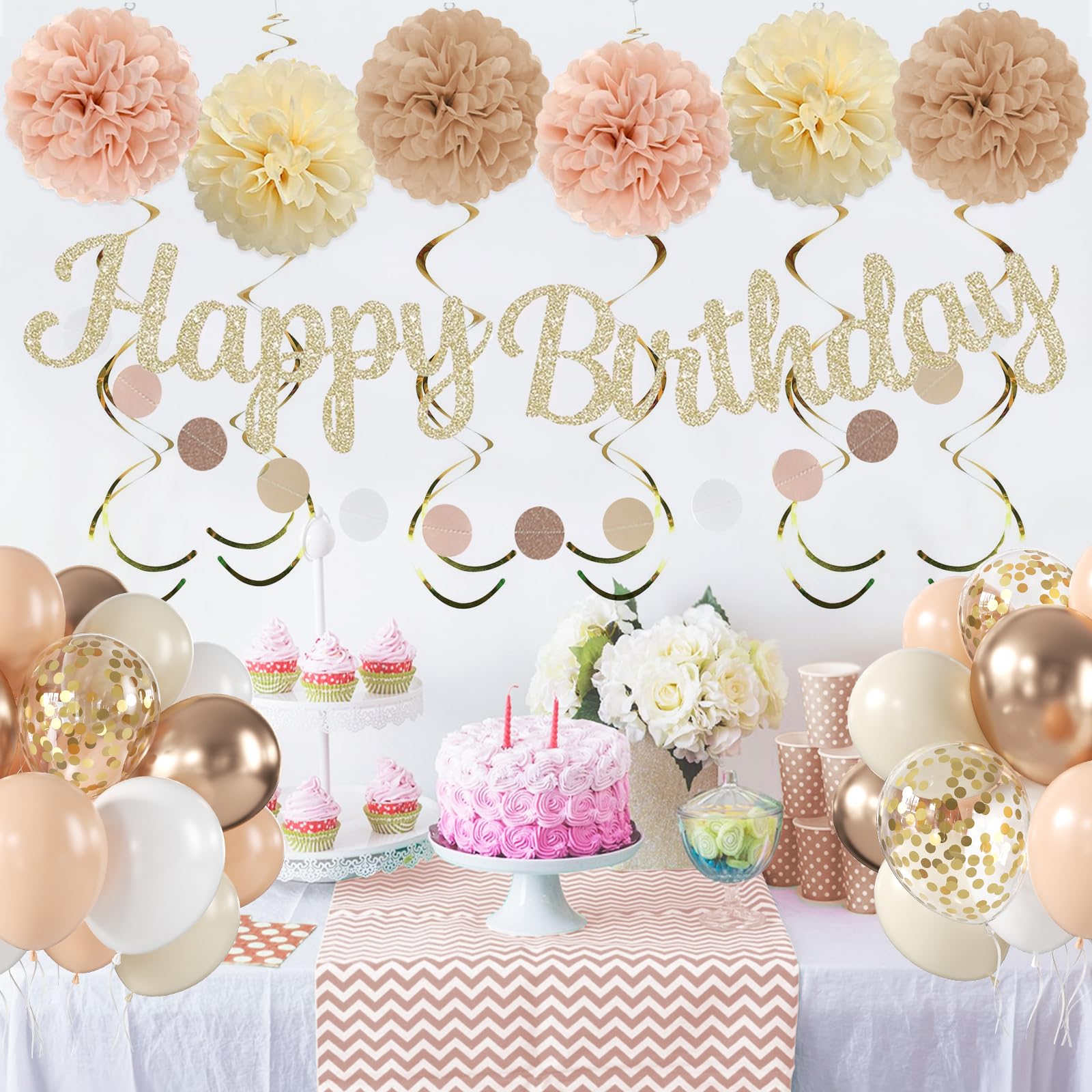LOROBA Champagne Gold Birthday Decorations – Neutral Beige Party Kit with Banner, Balloons & Pompoms